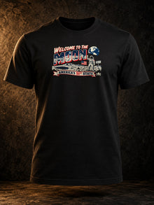 Welcome to the Moon - America's 51st State T-Shirt by Nephilim Death Squad: black tee front view