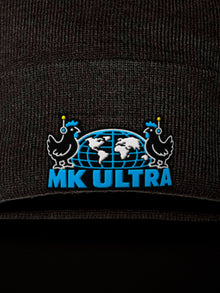 Worldwide MK Ultra Free-Range Chickens Pom-Pom Beanie: black Sportsman SP15 pom-pom beanie cuff embroidery, embroidered MK Ultra headset chickens and globe