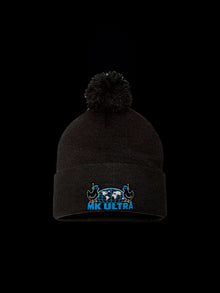 Worldwide MK Ultra Free-Range Chickens Pom-Pom Beanie: black Sportsman SP15 pom-pom beanie studio view, embroidered MK Ultra headset chickens and globe