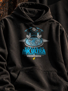 Worldwide MK Ultra Free-Range Chickens Hoodie: black hoodie chest print close-up, headset chickens on a flat earth under the dome