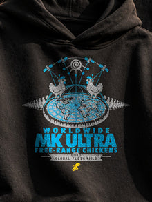 Worldwide MK Ultra Free-Range Chickens Hoodie: black hoodie print detail, headset chickens on a flat earth under the dome