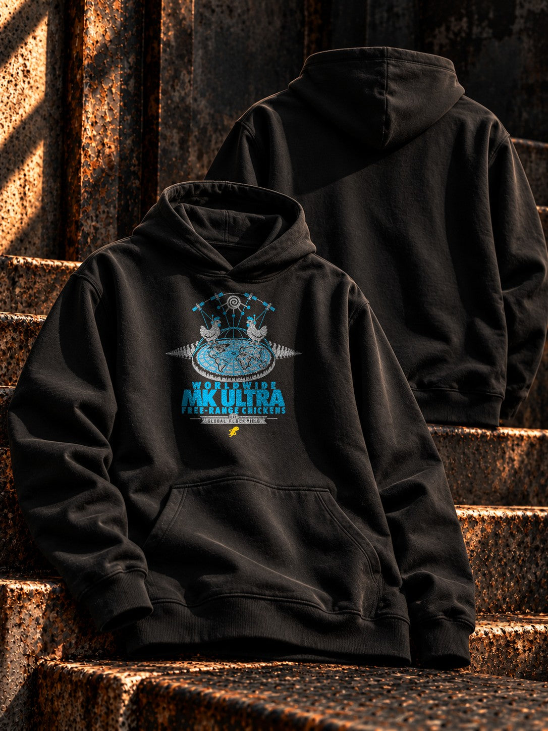Worldwide MK Ultra Free-Range Chickens Hoodie: black hoodie flat lay, headset chickens on a flat earth under the dome