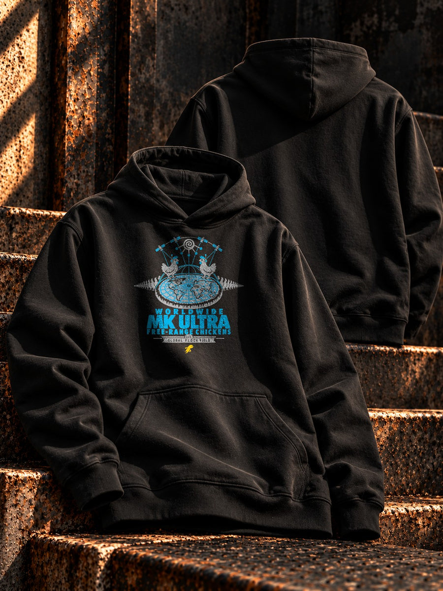 Worldwide MK Ultra Free-Range Chickens Hoodie: black hoodie flat lay, headset chickens on a flat earth under the dome