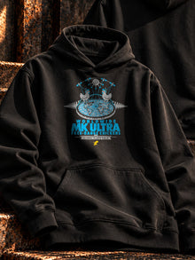 Worldwide MK Ultra Free-Range Chickens Hoodie: black hoodie front view, headset chickens on a flat earth under the dome