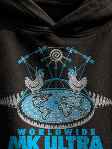 Worldwide MK Ultra Free-Range Chickens Hoodie: black hoodie print close-up, headset chickens on a flat earth under the dome