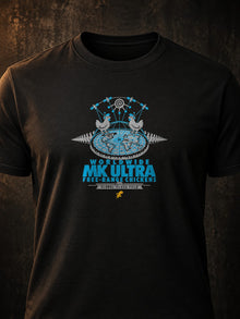 Worldwide MK Ultra Free-Range Chickens T-Shirt by TopLobsta: black tee chest print close-up