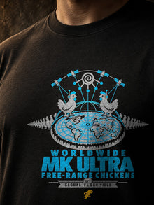 Worldwide MK Ultra Free-Range Chickens T-Shirt by TopLobsta: black tee print detail