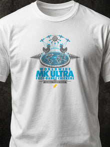 Worldwide MK Ultra Free-Range Chickens T-Shirt by TopLobsta: white tee chest print close-up