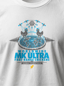Worldwide MK Ultra Free-Range Chickens T-Shirt by TopLobsta: white tee print detail