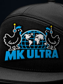 Worldwide MK Ultra Free-Range Chickens Trucker Hat: black Richardson 168 trucker embroidery close-up, embroidered MK Ultra headset chickens and globe