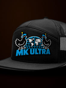 Worldwide MK Ultra Free-Range Chickens Trucker Hat: black Richardson 168 trucker front panel embroidery, embroidered MK Ultra headset chickens and globe