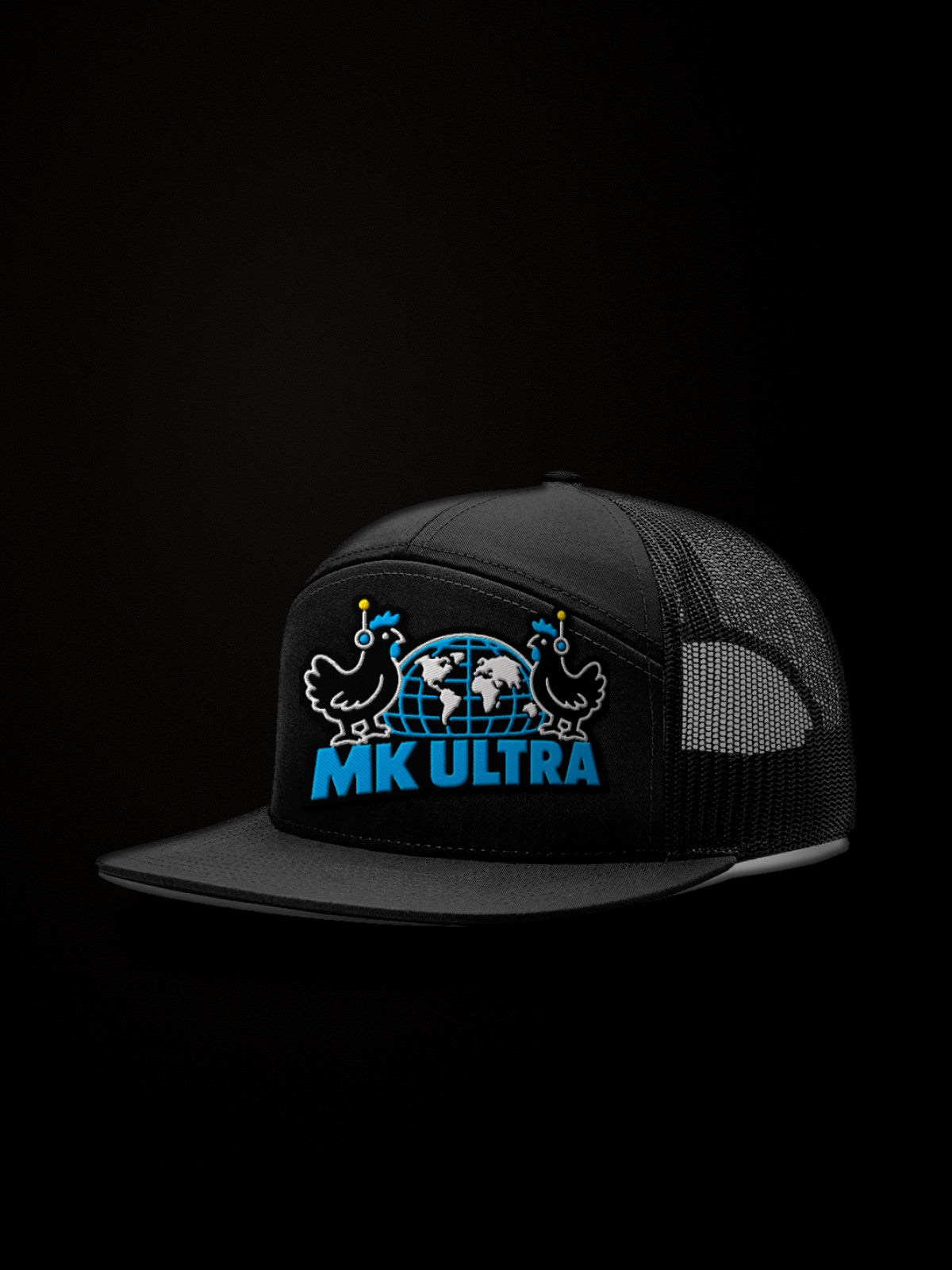 Worldwide MK Ultra Free-Range Chickens Trucker Hat: black Richardson 168 trucker front three-quarter view, embroidered MK Ultra headset chickens and globe