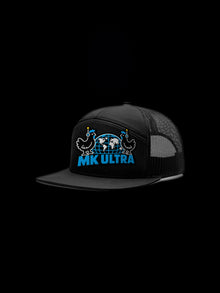 Worldwide MK Ultra Free-Range Chickens Trucker Hat: black Richardson 168 trucker studio view, embroidered MK Ultra headset chickens and globe