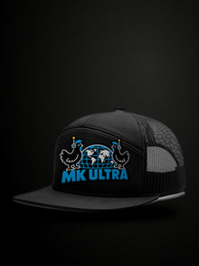 Worldwide MK Ultra Free-Range Chickens Trucker Hat: black Richardson 168 trucker low three-quarter view, embroidered MK Ultra headset chickens and globe