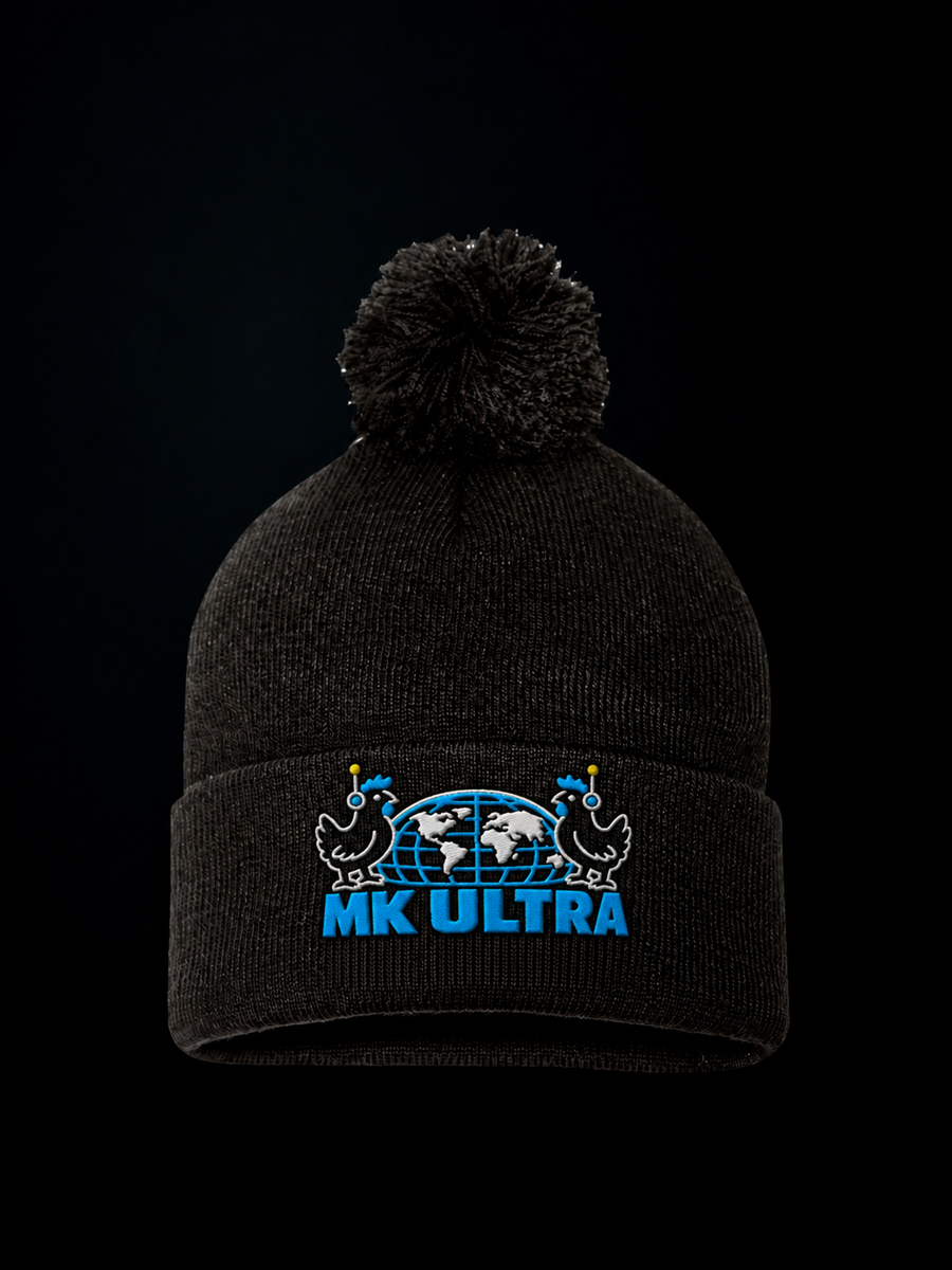 Worldwide MK Ultra Free Range Chickens Pom-Pom Beanie, black, cuff embroidery