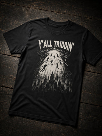 Black Y'all Tribbin' T-shirt by Nephilim Death Squad: cream woodcut rapture beam lifting silhouettes from a city skyline