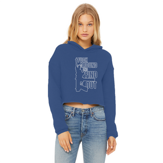 Buy royal-blue Fuck Around and Find Out Ladies Cropped Raw Edge Hoodie