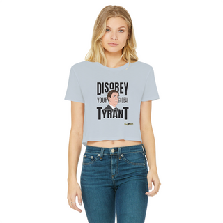Buy light-blue Disobey Your Global Tyrant Trudeau Classic Women's Cropped Raw Edge T-Shirt