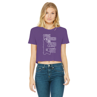 Buy purple Fuck Around and Find Out Classic Women's Cropped Raw Edge T-Shirt
