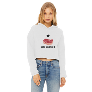 Buy white Come and Steak it Ladies Cropped Raw Edge Hoodie